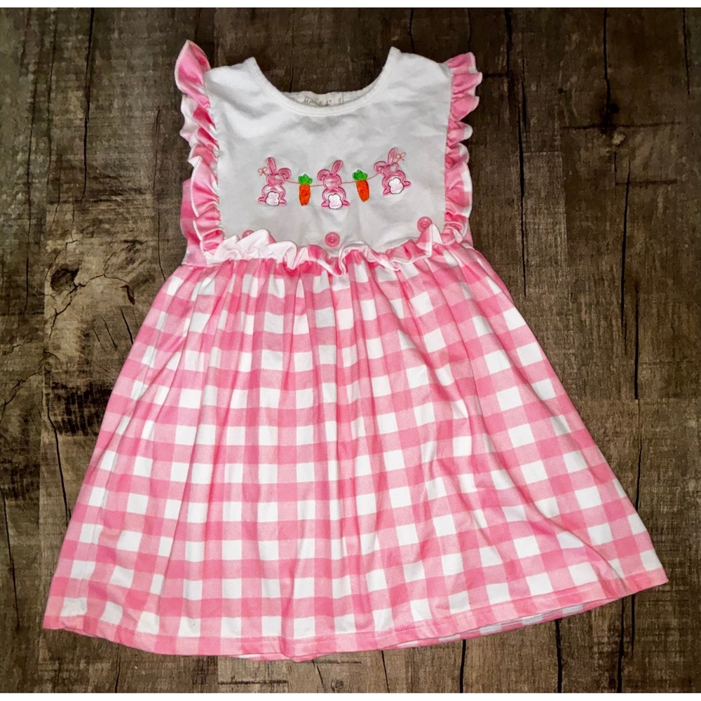 Marie Nicole Girls Pink Gingham Bunny Easter Dress Ruffle Trim Size‎ 2XL 7/8